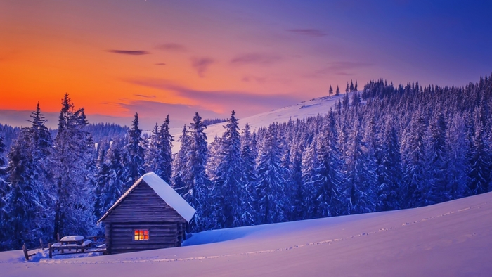 Cottage, Fiery, Cabin, Beautiful, Sunset, Valley, Cold, Mountain, Frost 