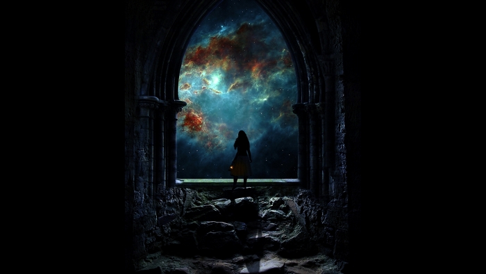Silhouette of Girl Gazing at Cosmic Night Sky