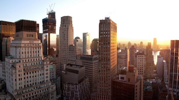 New York City skyline with skyscrapers at sunset