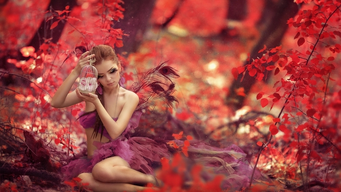 Fairy with a cage in a red forest