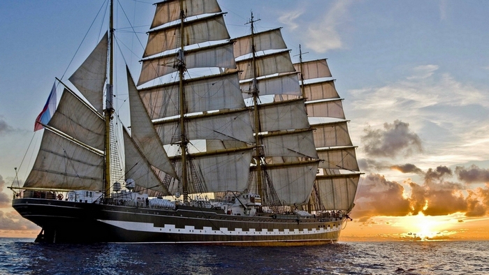 Russian Tall Ship Sailing at Sunset