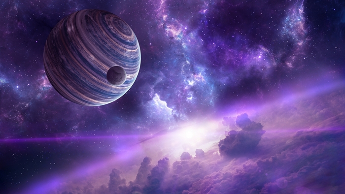 Purple planet and moon in a colorful nebula