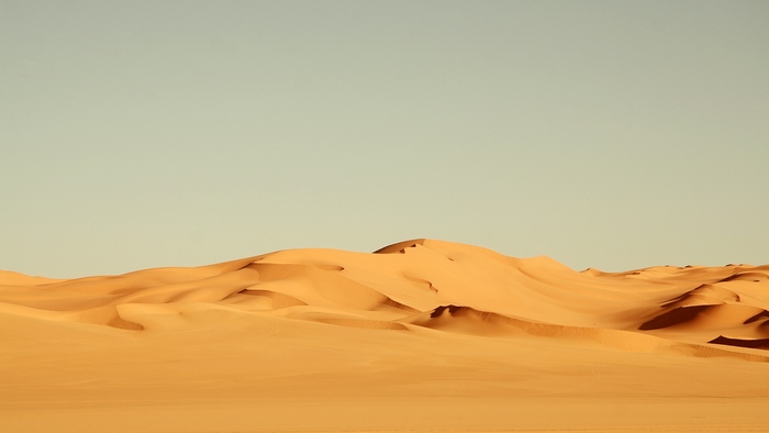 Desert sand dunes under a clear sky