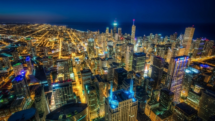 Chicago skyline at night from above