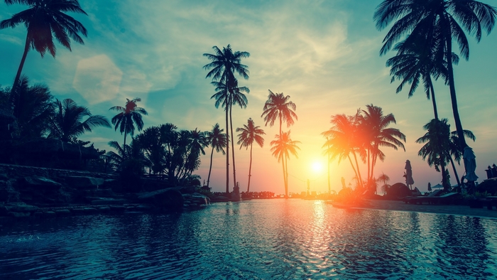 Sunset over tropical resort with palm trees and pool