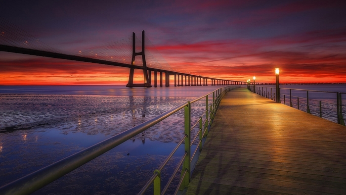 Vasco da Gama Bridge at sunset in Portugal