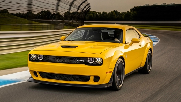 Yellow 2018 Dodge Challenger SRT Hellcat on a Racetrack