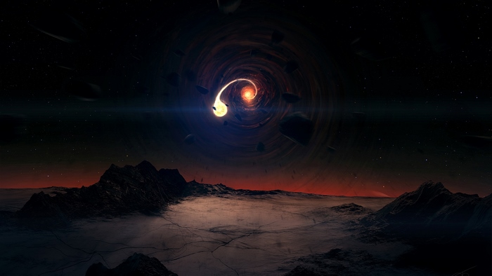 Black hole with accretion disk and planetary landscape