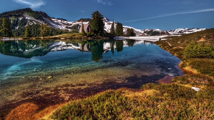 Serene Mountain Lake with Cottage and Snowy Peaks