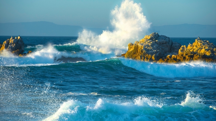 Waves crashing on rocky shore with seagulls