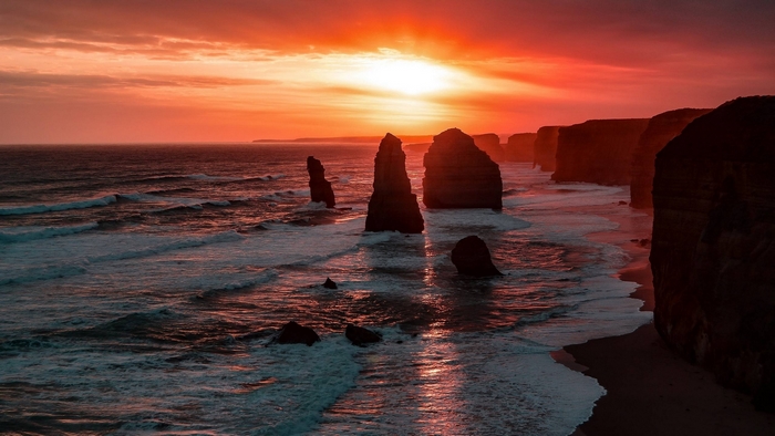 Sunset over the Twelve Apostles rock formations