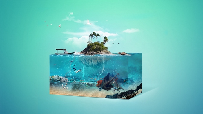 Fantasy island diorama with shipwreck and scuba diver