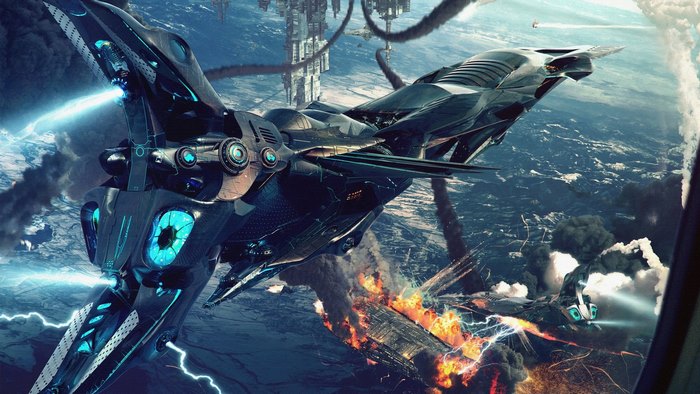 Futuristic Spaceship Flying Above a Burning Planet
