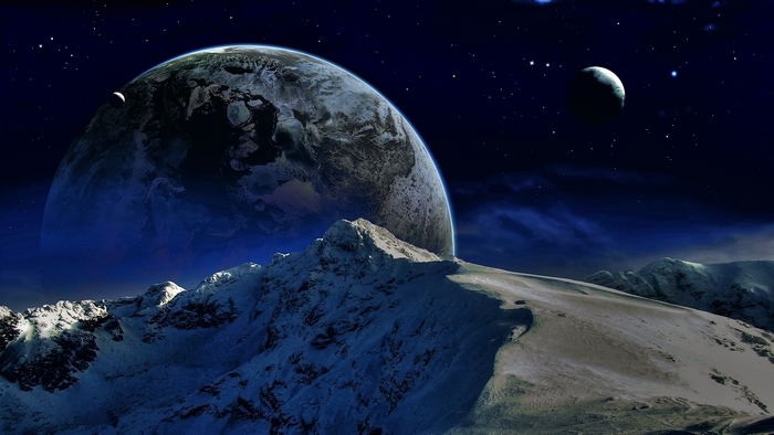 Cosmic Mountain Peak Under Starry Blue Sky