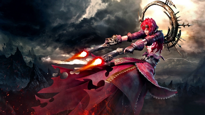 Character with guns in a dark, stormy landscape