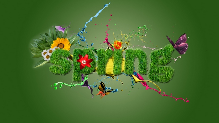Spring text with flowers and butterflies