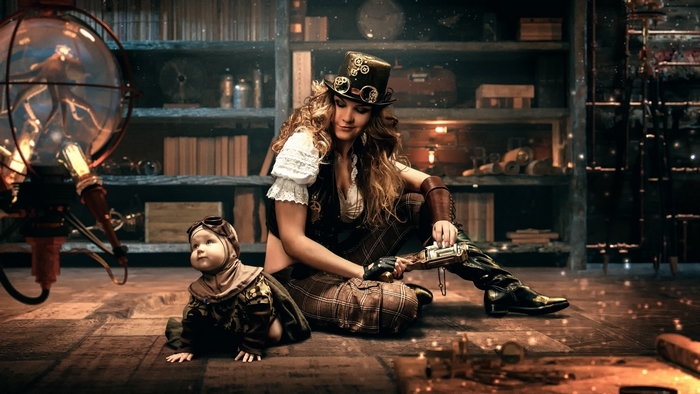 Steampunk woman and child in a library