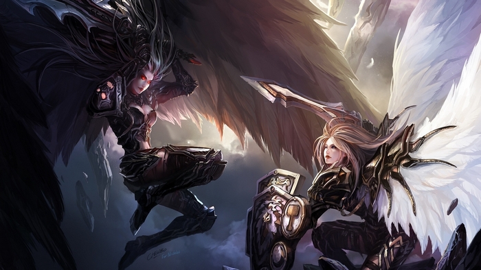 Two winged female warriors in combat