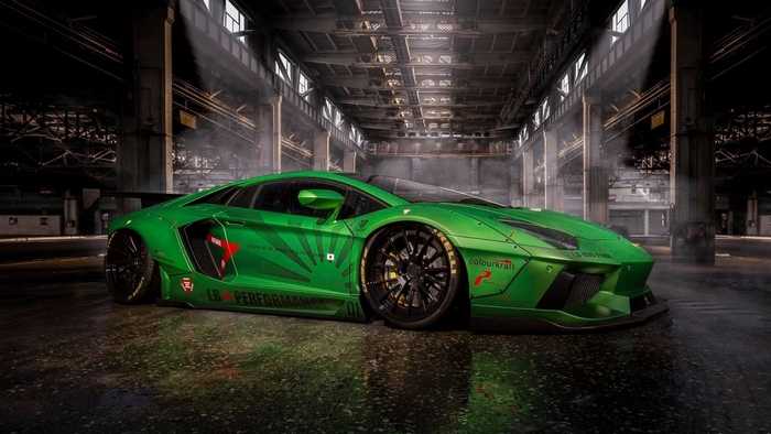 Green Lamborghini Aventador LB Performance in warehouse