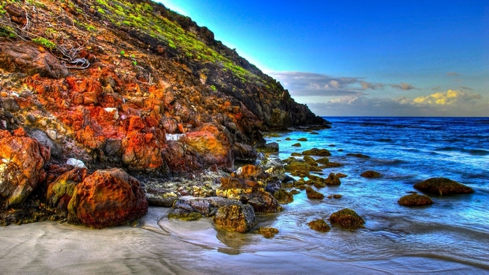 Rocky coastline with green vegetation and blue sea