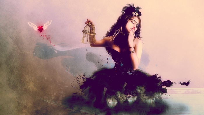 Girl with birdcage and bleeding heart