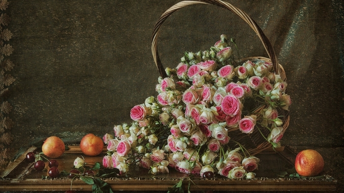 Basket of Pink Roses with Peaches and Cherries