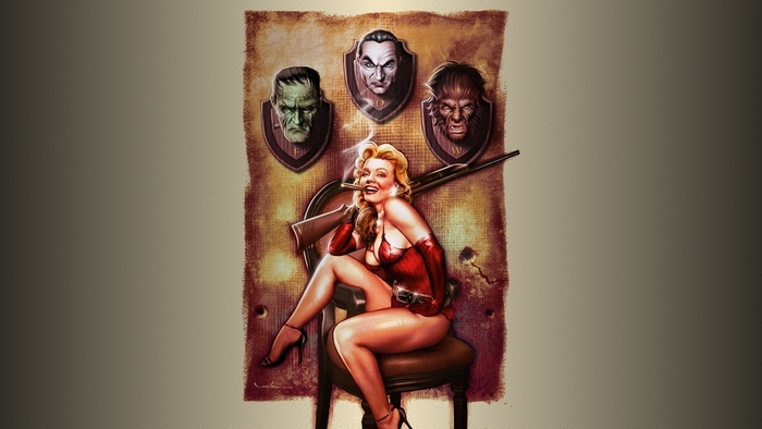 Pin-up girl with monster trophies and rifle