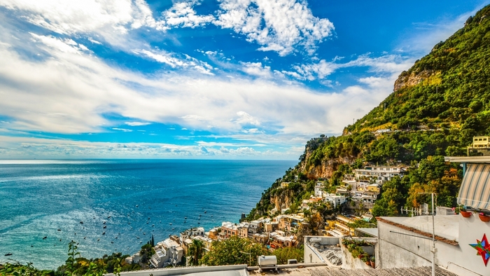 Coastal town on a steep cliff overlooking the Mediterranean Sea