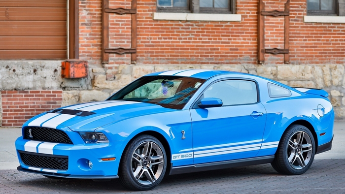 Blue Ford Mustang Shelby GT500 with White Stripes