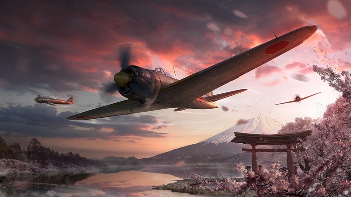 Japanese military planes flying over Mount Fuji at sunset