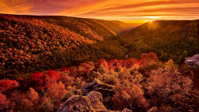 Autumn sunset over a forested valley in West Virginia