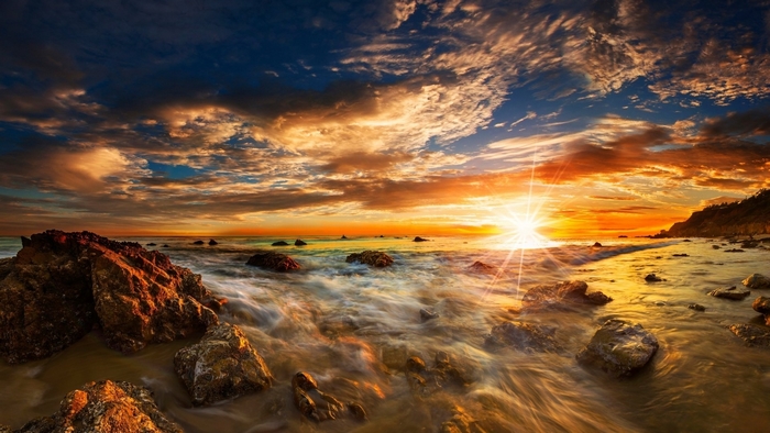 sea, oceans, sunrise, rocks, nature, HD Wallpaper | Rare Gallery