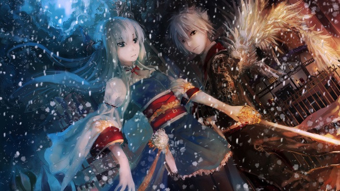 Anime Characters with Wings and Sword in Snow