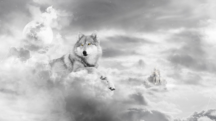 Wolf in a Mystical Moonlit Castle Realm