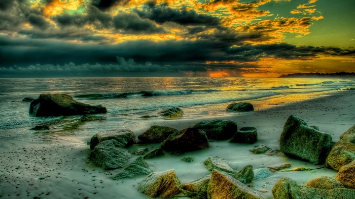 rocks beach ocean nature sunset waves clouds HD Wallpaper Rare