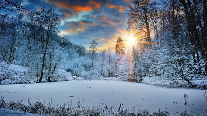 Winter forest with frozen lake at sunset