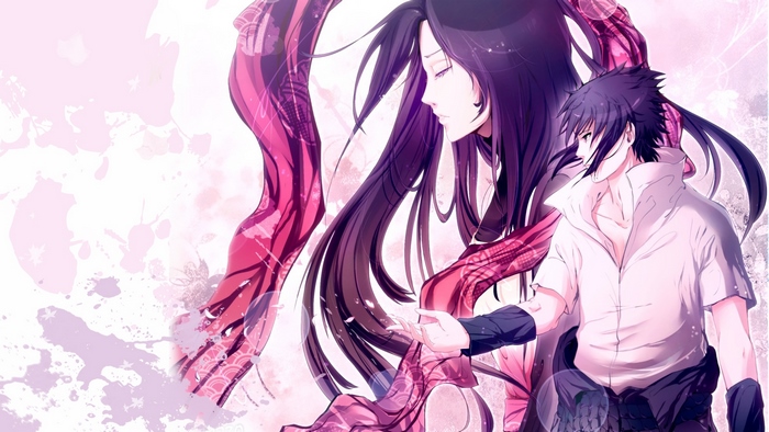 Sasuke Uchiha with Ethereal Female Figure and Ribbon