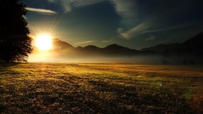 Sunrise over a misty mountain field