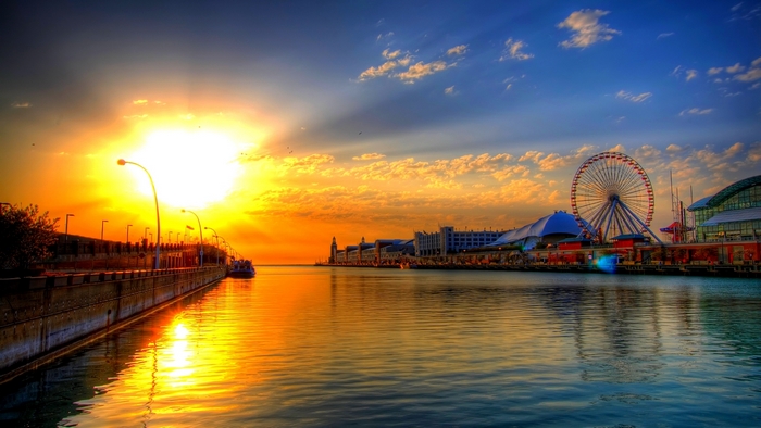 Sunset over Chicago River with Ferris Wheel