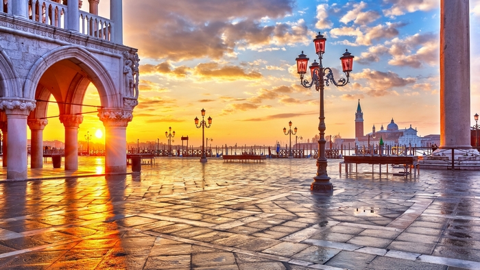 Venice square at sunrise with Doge's Palace and San Giorgio Maggiore
