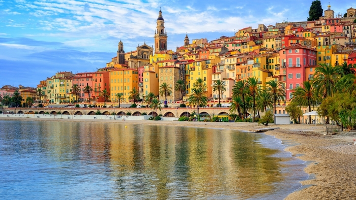 Colorful houses on a hill overlooking the Mediterranean Sea in Menton, France