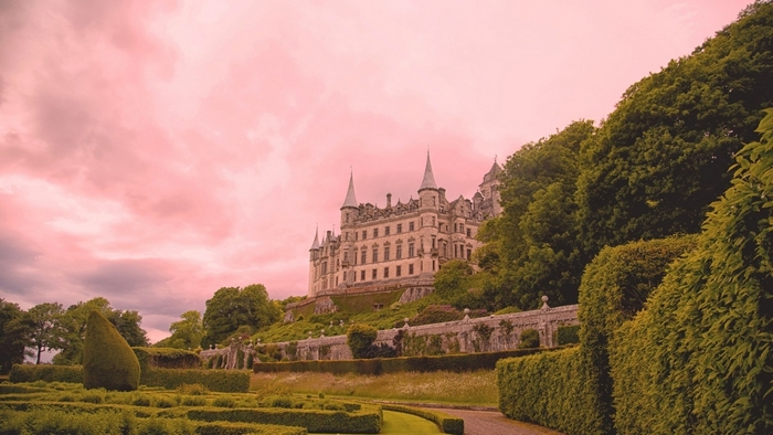 Dunrobin Castle with pink sky