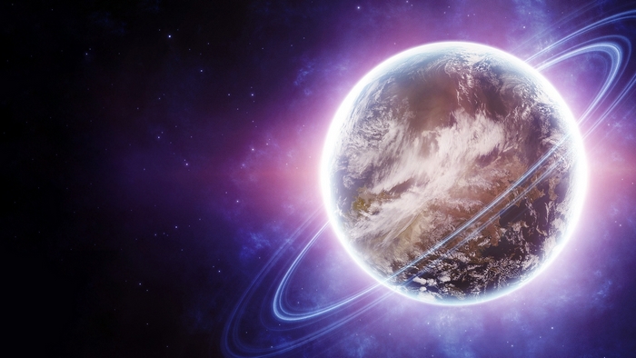 Planet with rings in outer space with nebula and stars