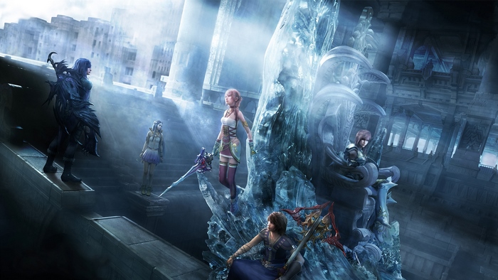 Characters from Final Fantasy XIII-2 in a frozen ruin