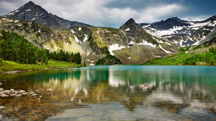 Turquoise mountain lake with rocky shore and snow-capped peaks