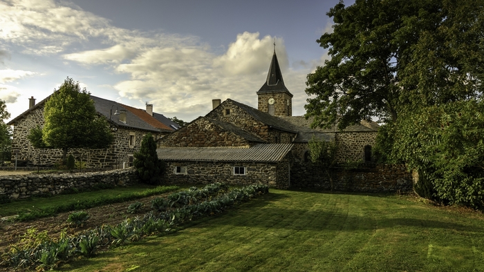 Stone houses and church in a rural French village
