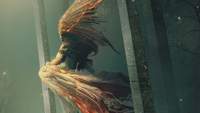 Fantasy angel with orange wings and a white gown