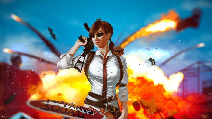 PUBG Woman with Rifle and Explosions