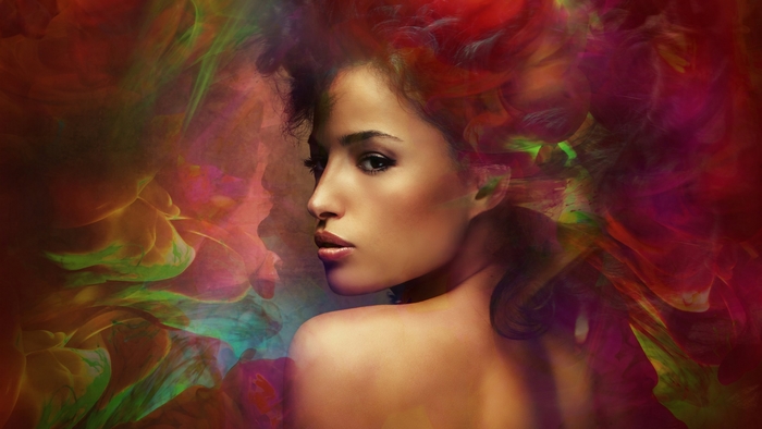 Woman with colorful smoke around her head