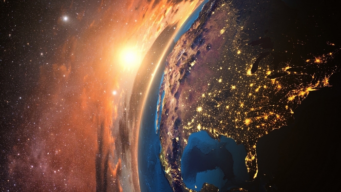 Earth at sunrise from space, North America illuminated